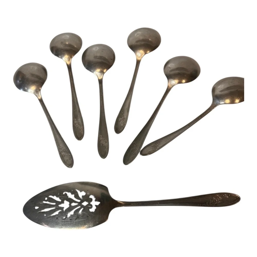 VTG Oneida Community Tudor Silverplate 6 Soup Spoons 1 Pie Server Queen‎ Bess II